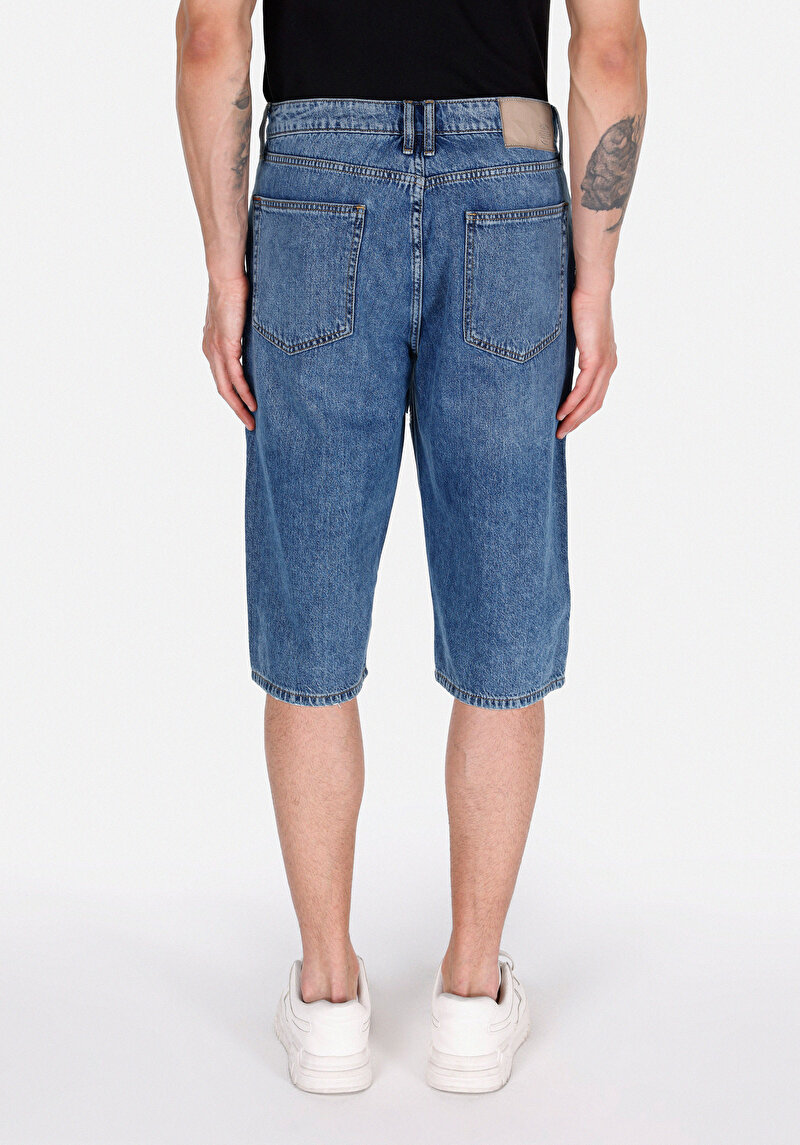 Straight Fit Pamuklu Orta Bel Düz Erkek Mid İndigo Denim Jean Şort