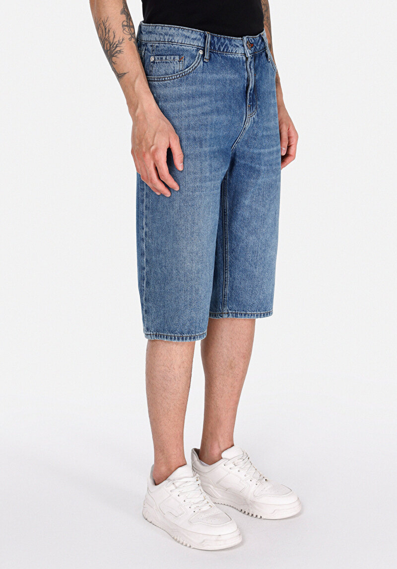 Straight Fit Pamuklu Orta Bel Düz Erkek Mid İndigo Denim Jean Şort