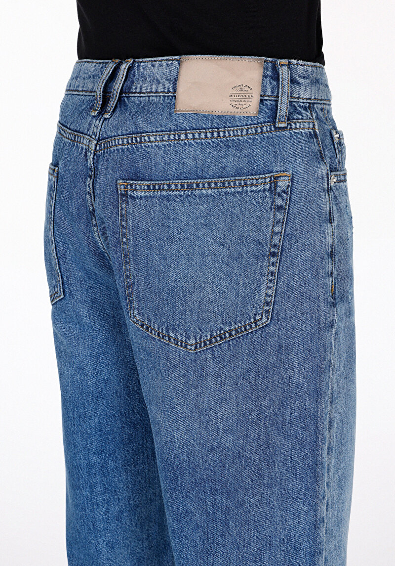 Straight Fit Pamuklu Orta Bel Düz Erkek Mid İndigo Denim Jean Şort