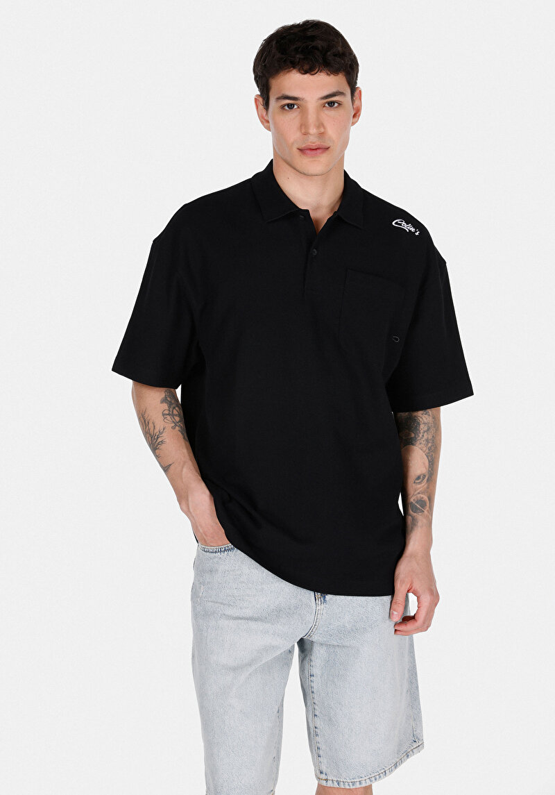 Oversize Fit Polo Yaka Düz Erkek Siyah Kısa Kol Tişört