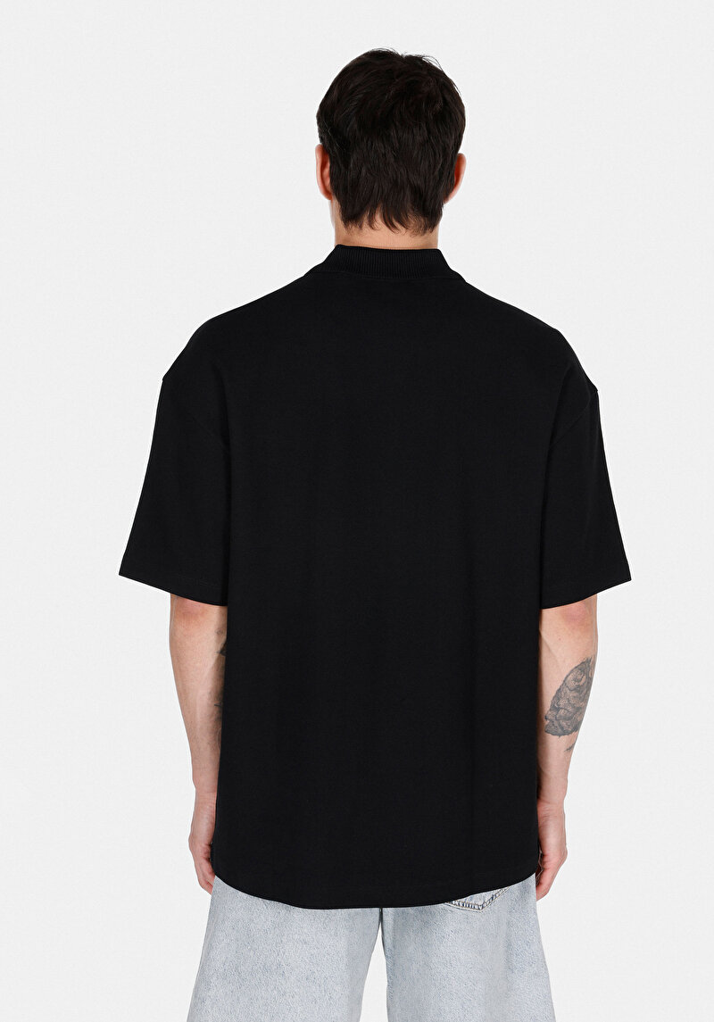 Oversize Fit Polo Yaka Düz Erkek Siyah Kısa Kol Tişört