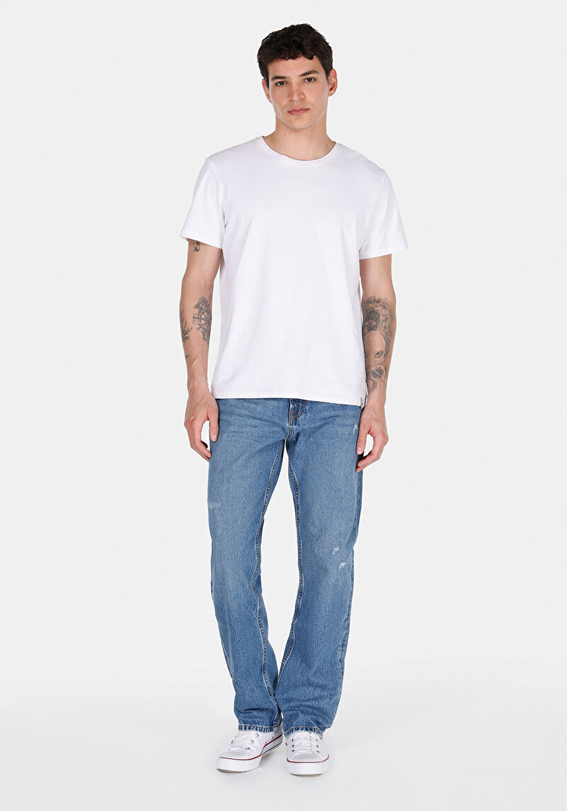 Regular Fit Orta Bel Düz Paça Pamuk Erkek Mid İndigo Denim Jean Pantolon