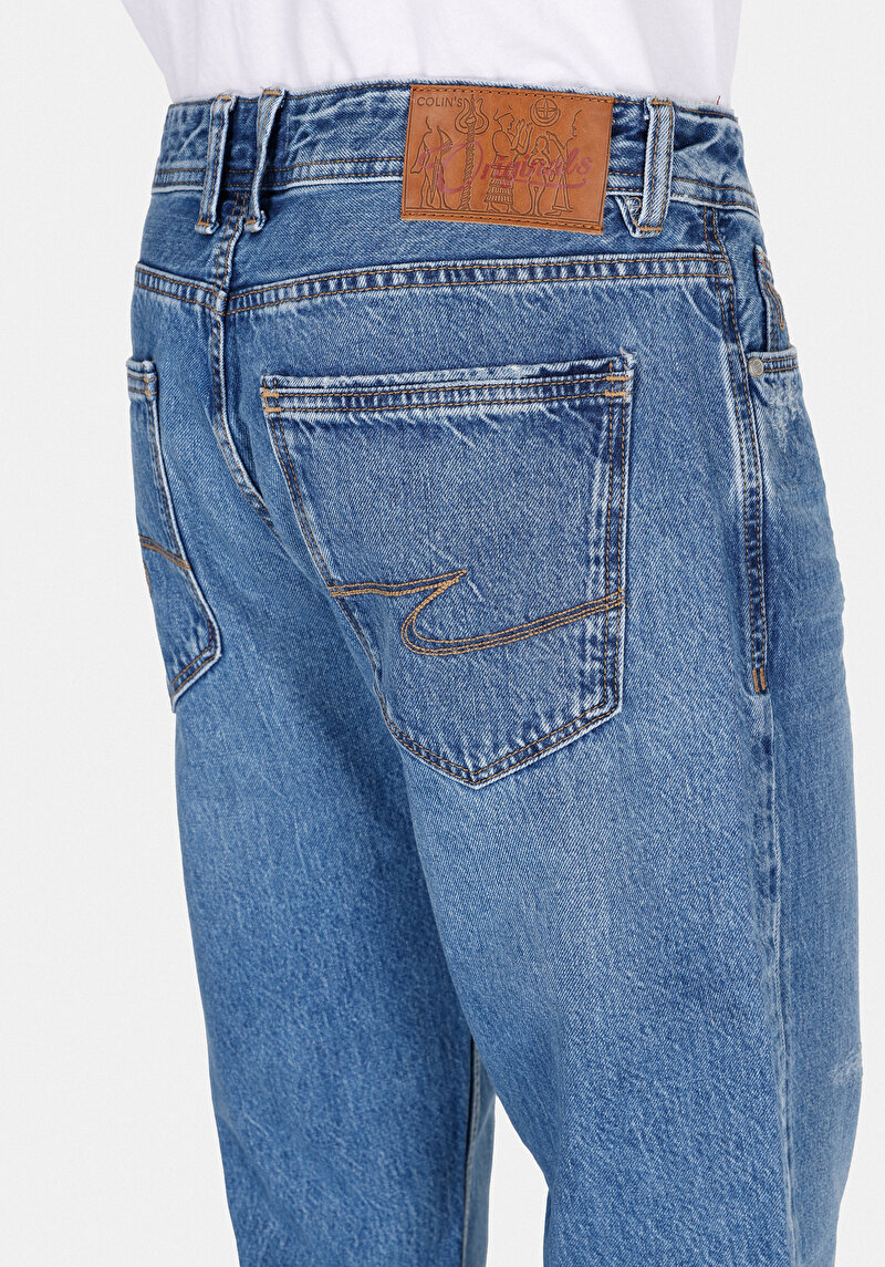 Regular Fit Orta Bel Düz Paça Pamuk Erkek Mid İndigo Denim Jean Pantolon
