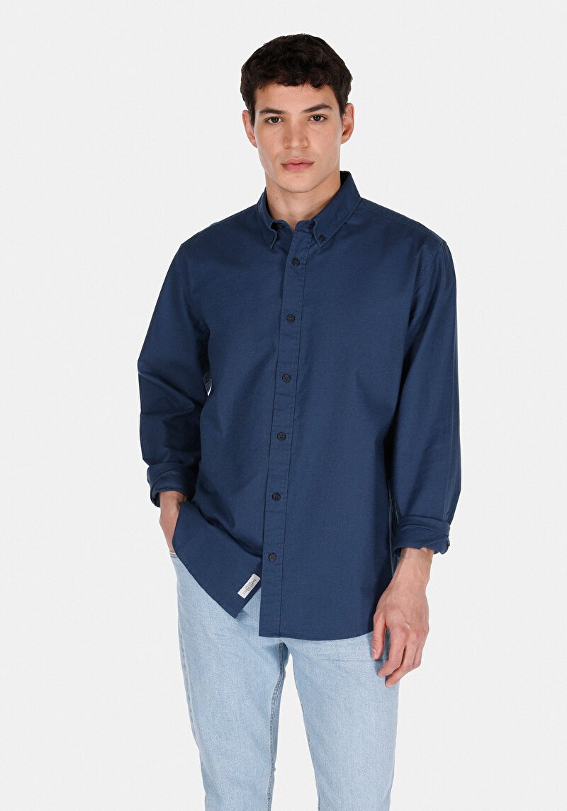 Regular Fit Shirt Neck Cepsiz Düz Erkek Lacivert Uzun Kol Gömlek