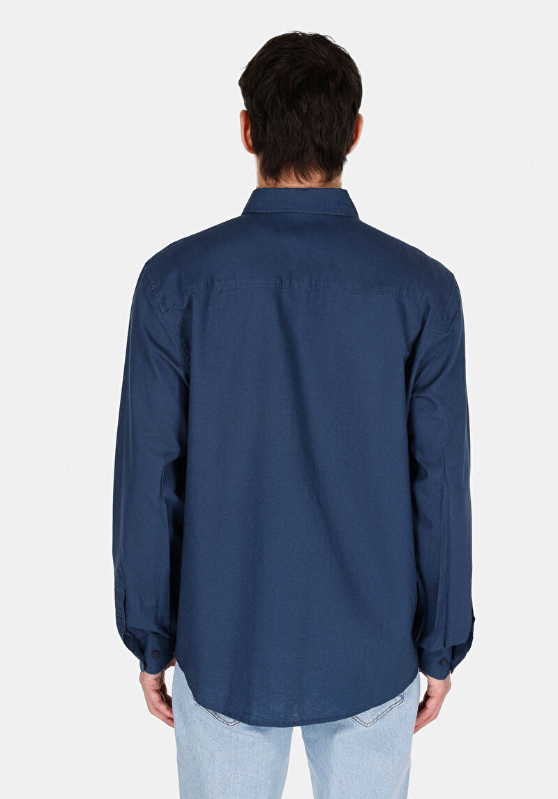 Regular Fit Shirt Neck Cepsiz Düz Erkek Lacivert Uzun Kol Gömlek