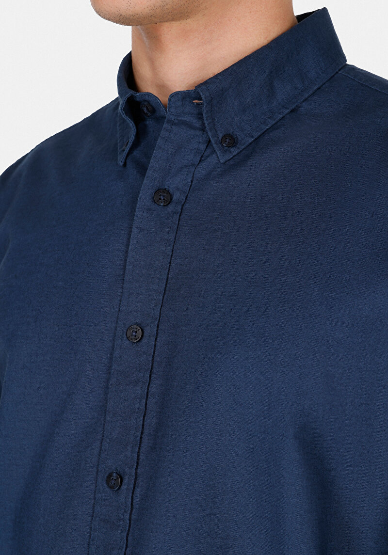 Regular Fit Shirt Neck Cepsiz Düz Erkek Lacivert Uzun Kol Gömlek