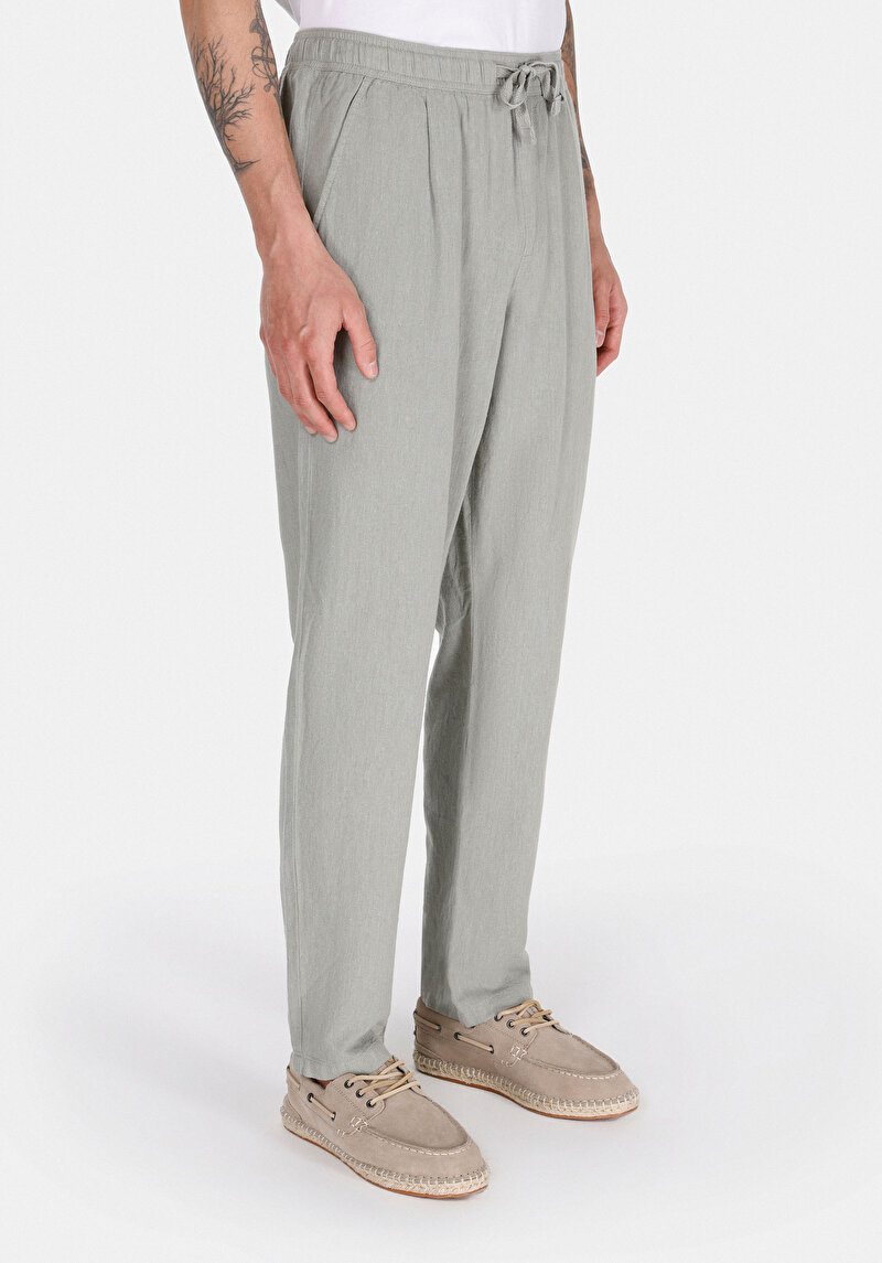 Regular Fit Orta Bel Uzun Paça Erkek Keten Karışımlı Yeşil Pantolon