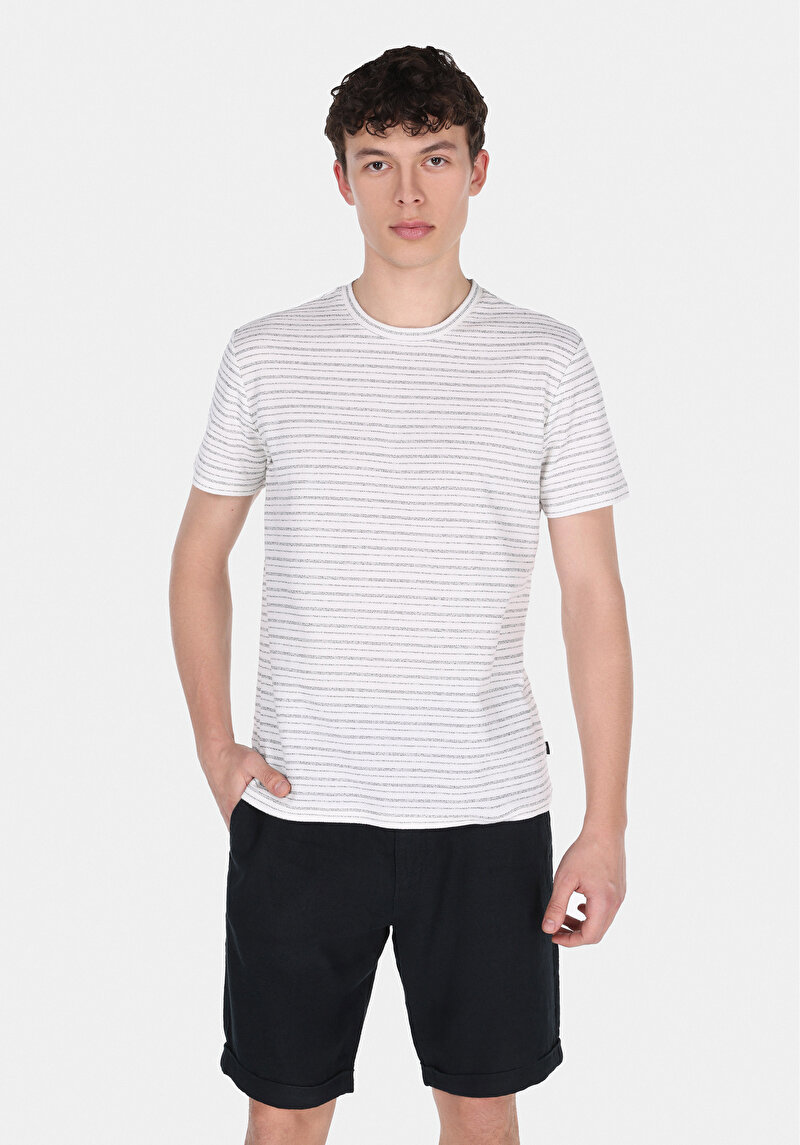 Regular Fit Yuvarlak Yaka Çizgili Erkek Siyah Kısa Kol Tişört