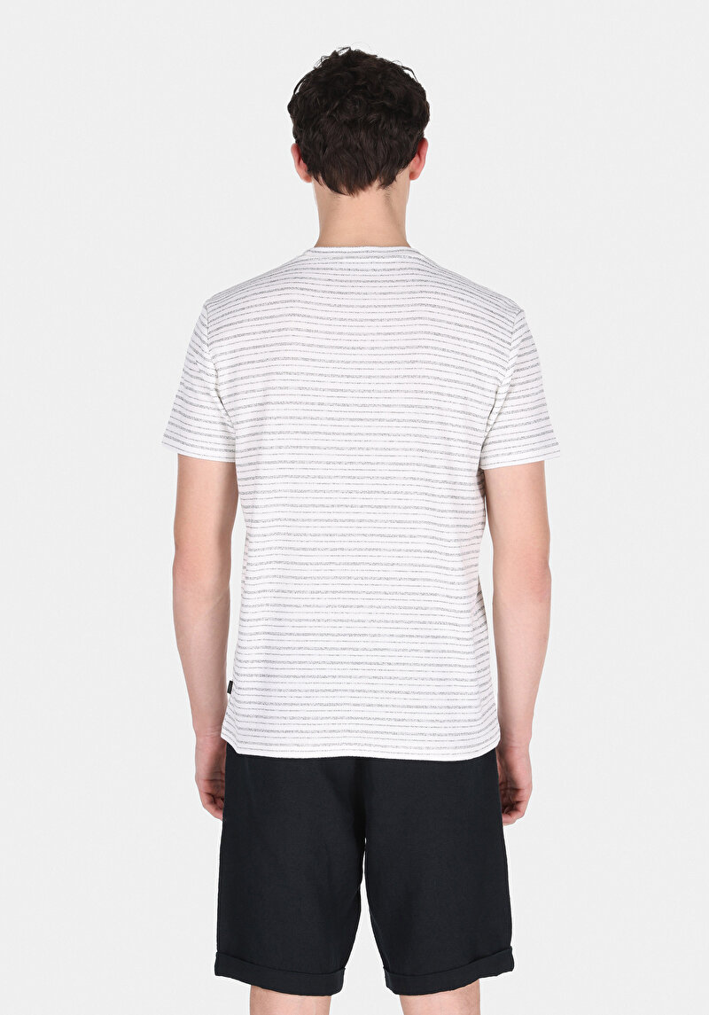 Regular Fit Yuvarlak Yaka Çizgili Erkek Siyah Kısa Kol Tişört