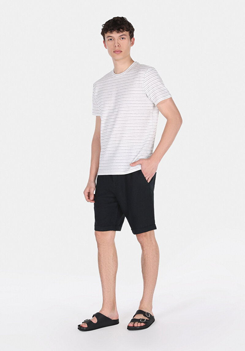 Regular Fit Yuvarlak Yaka Çizgili Erkek Siyah Kısa Kol Tişört