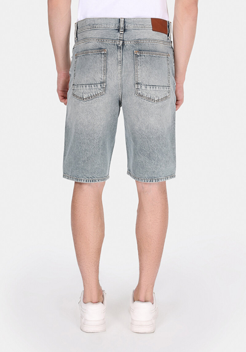 Loose Straight Fit Orta Bel Düz Erkek İndigo Jean Şort