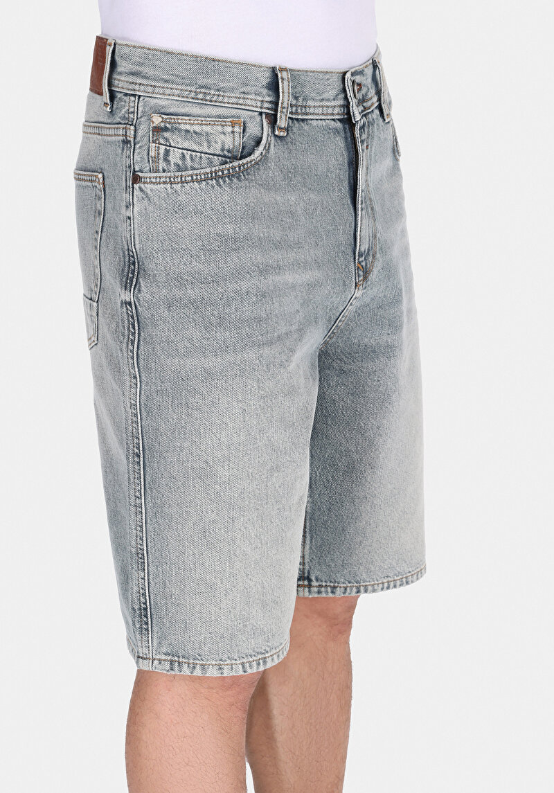 Loose Straight Fit Orta Bel Düz Erkek İndigo Jean Şort