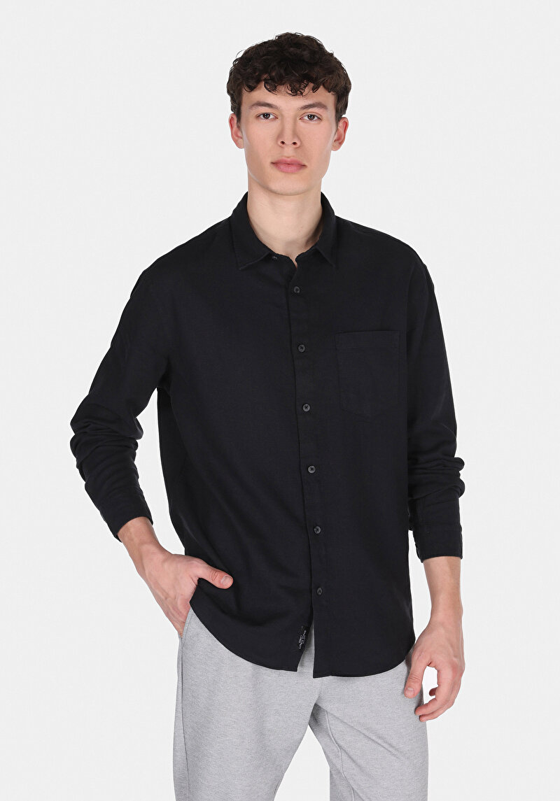 Relaxed Fit Shirt Neck Düz Erkek Keten Karışımlı Siyah Uzun Kol Gömlek