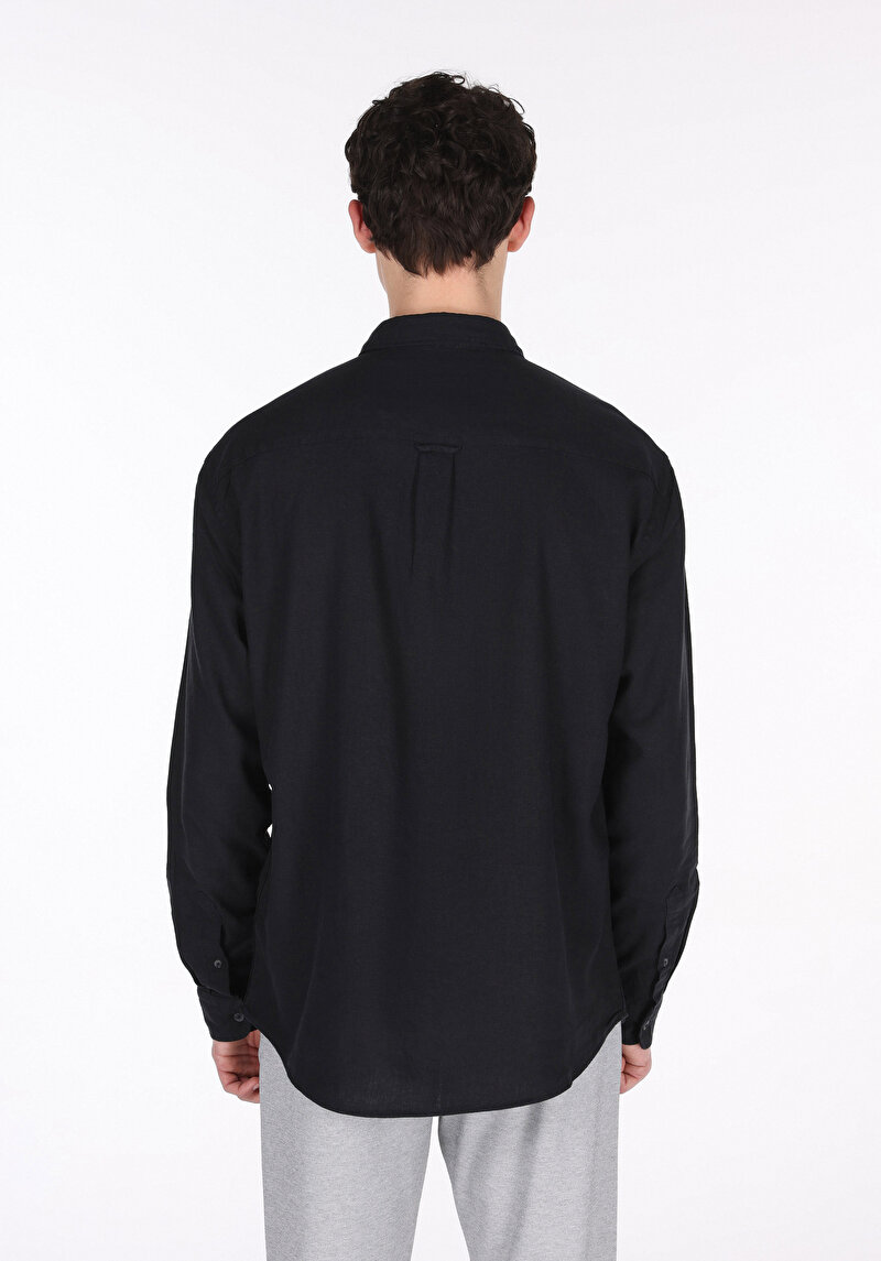 Relaxed Fit Shirt Neck Düz Erkek Keten Karışımlı Siyah Uzun Kol Gömlek