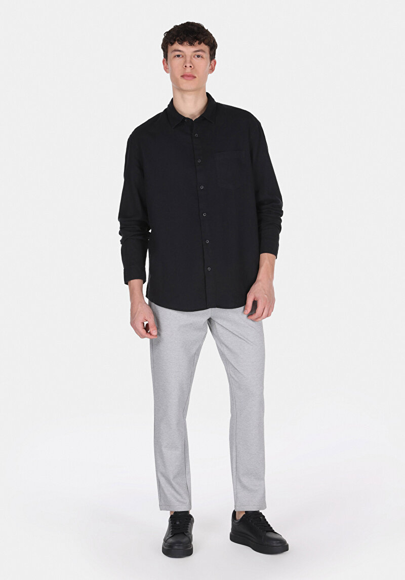 Relaxed Fit Shirt Neck Düz Erkek Keten Karışımlı Siyah Uzun Kol Gömlek