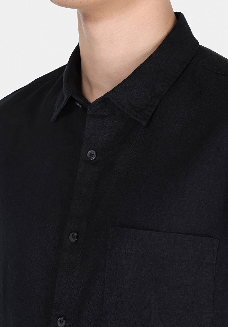 Relaxed Fit Shirt Neck Düz Erkek Keten Karışımlı Siyah Uzun Kol Gömlek