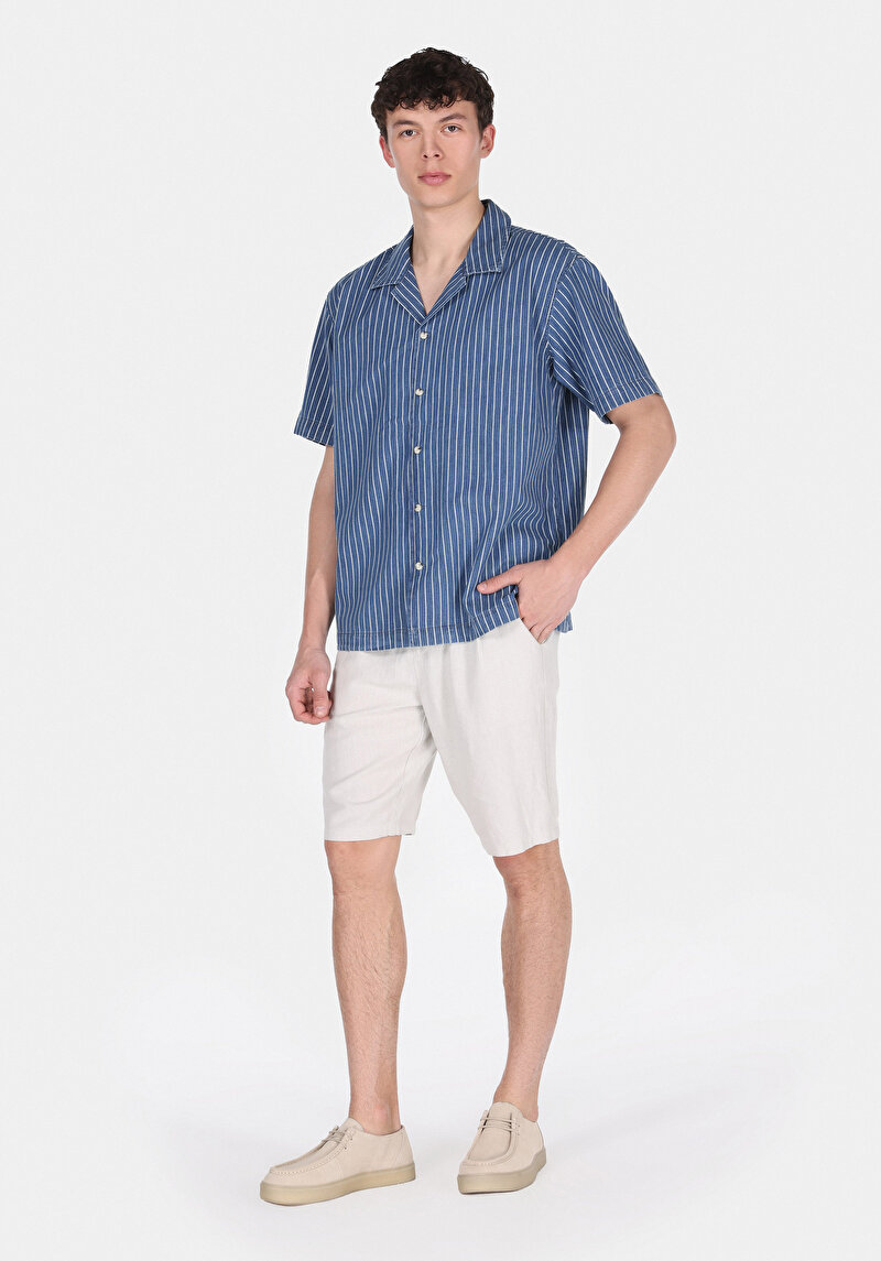 Oversize Fit Klasik Yaka Çizgili Erkek Mavi Kısa Kol Gömlek