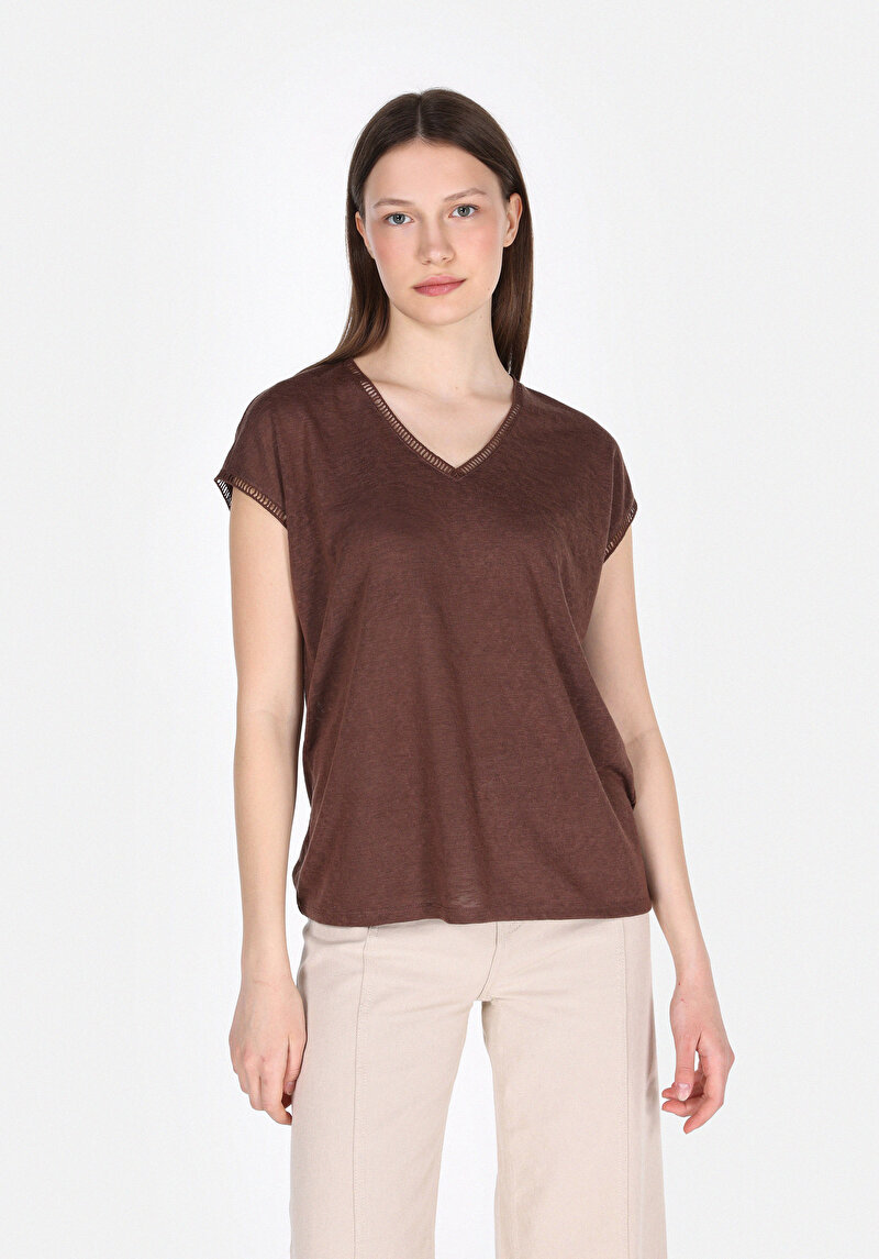 Regular Fit V Yaka Düz Kadın Kahverengi Kolsuz Tişört