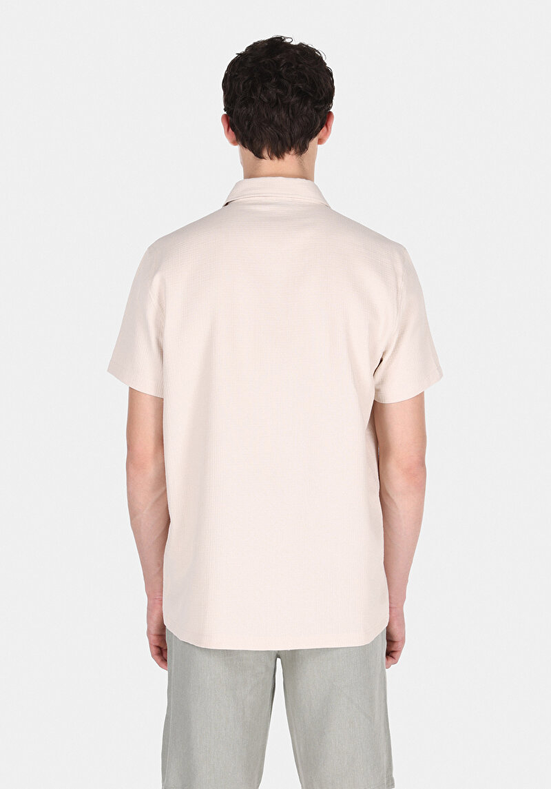 Regular Fit Shirt Neck Cepsiz Düz Erkek Bej Kısa Kol Gömlek
