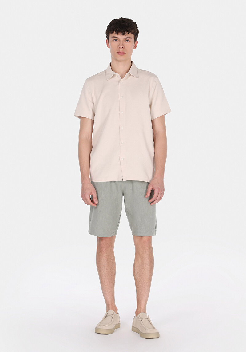 Regular Fit Shirt Neck Cepsiz Düz Erkek Bej Kısa Kol Gömlek