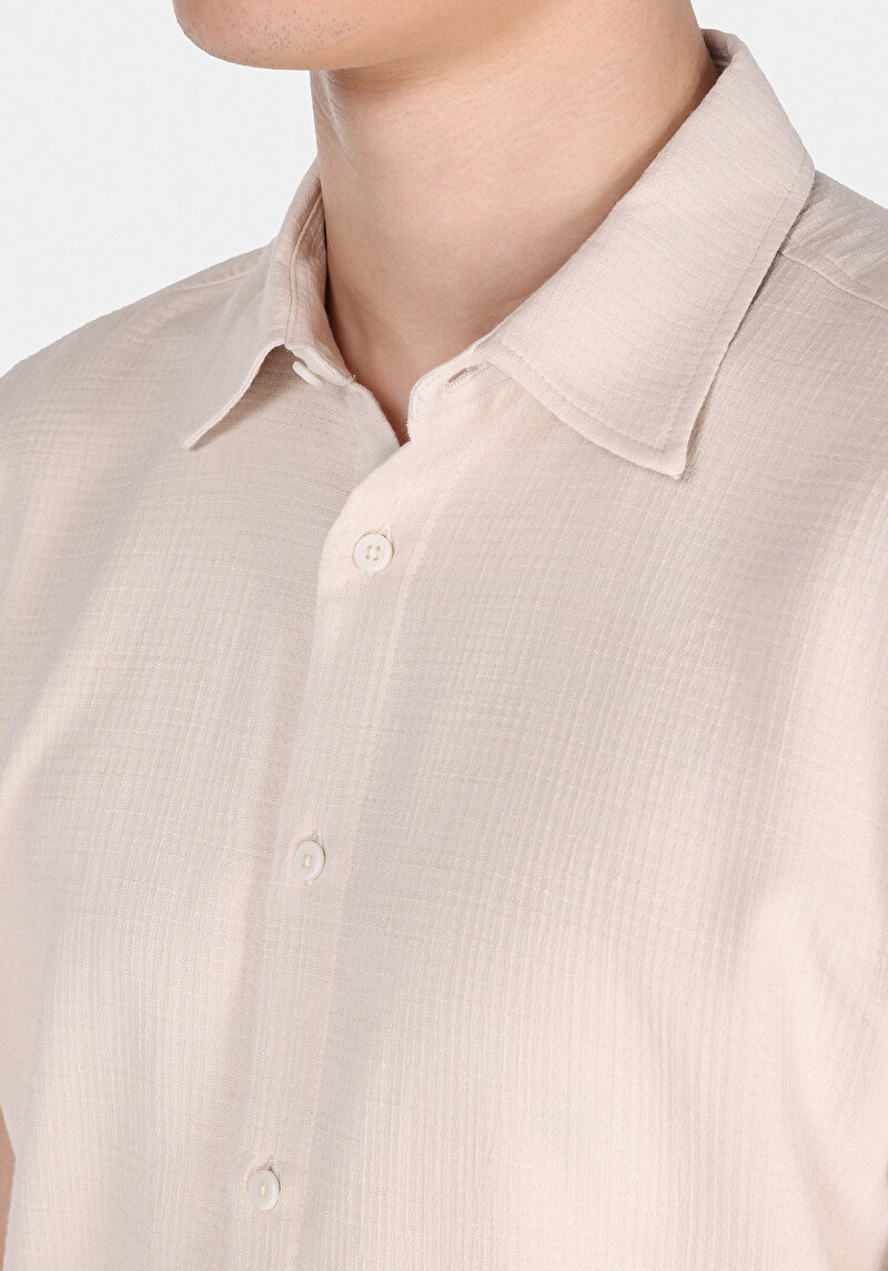 Regular Fit Shirt Neck Cepsiz Düz Erkek Bej Kısa Kol Gömlek
