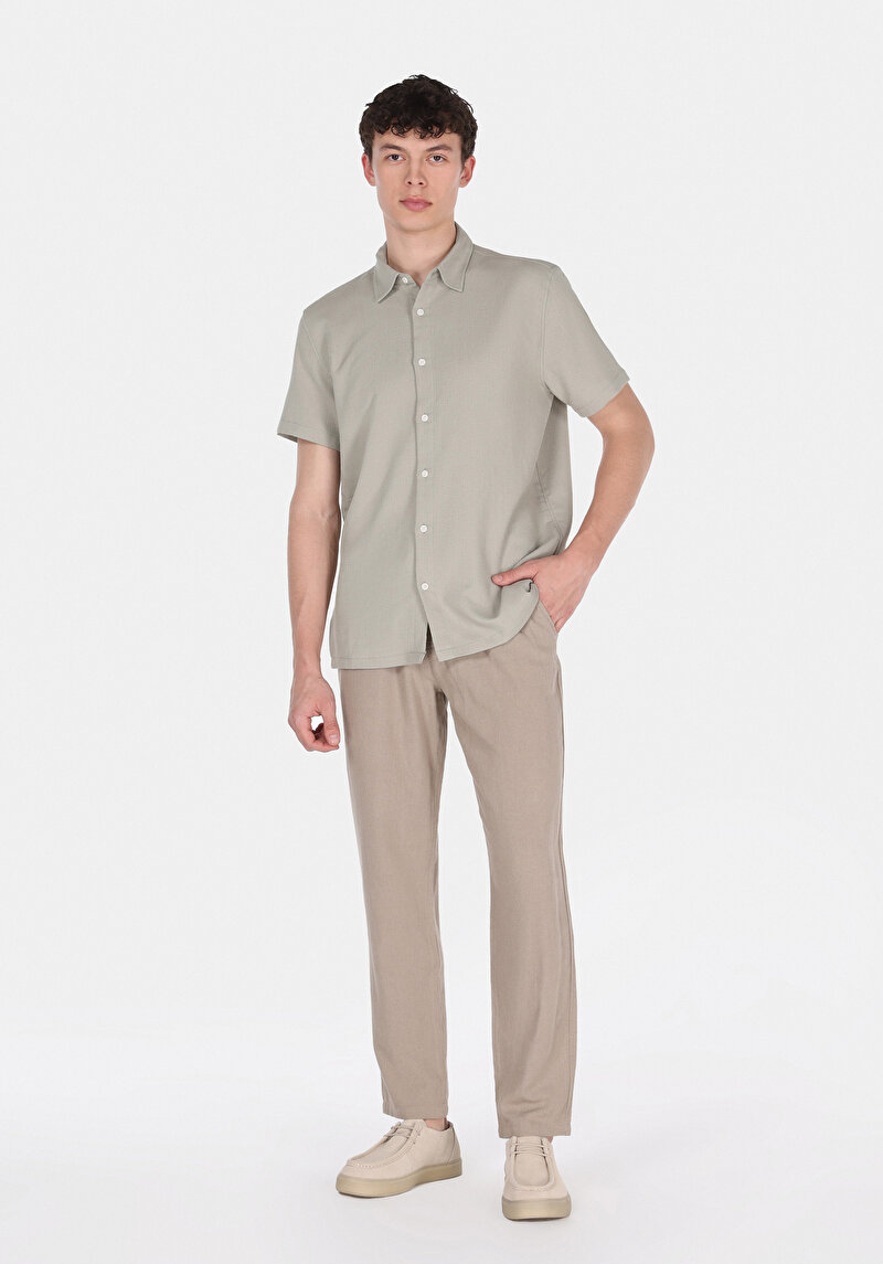 Regular Fit Shirt Neck Düz Erkek Yeşil Kısa Kol Gömlek