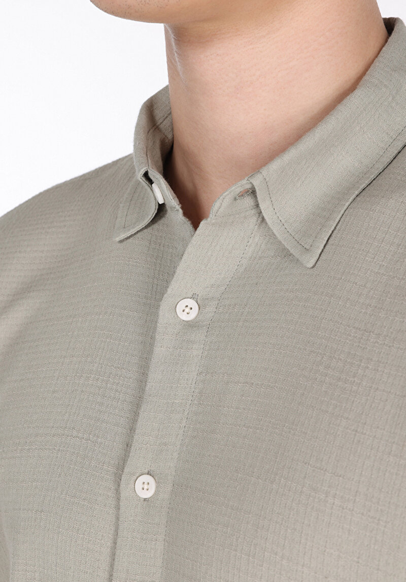 Regular Fit Shirt Neck Düz Erkek Yeşil Kısa Kol Gömlek