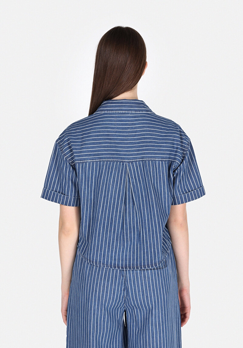 Oversize Fit Klasik Bedenli Çizgili Kadın Mavi Ecologic Kısa Kol Gömlek