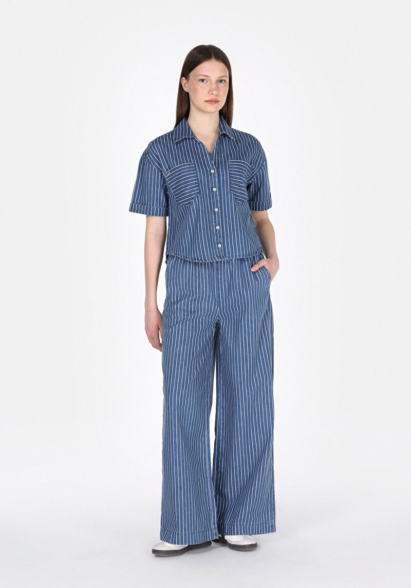 Loose Fit Orta Bel Düz Paça Kadın İndigo Jean Pantolon