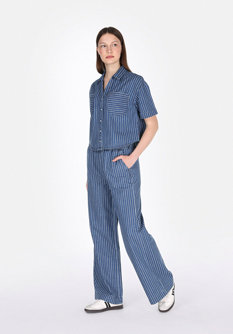 Loose Fit Orta Bel Düz Paça Kadın İndigo Jean Pantolon