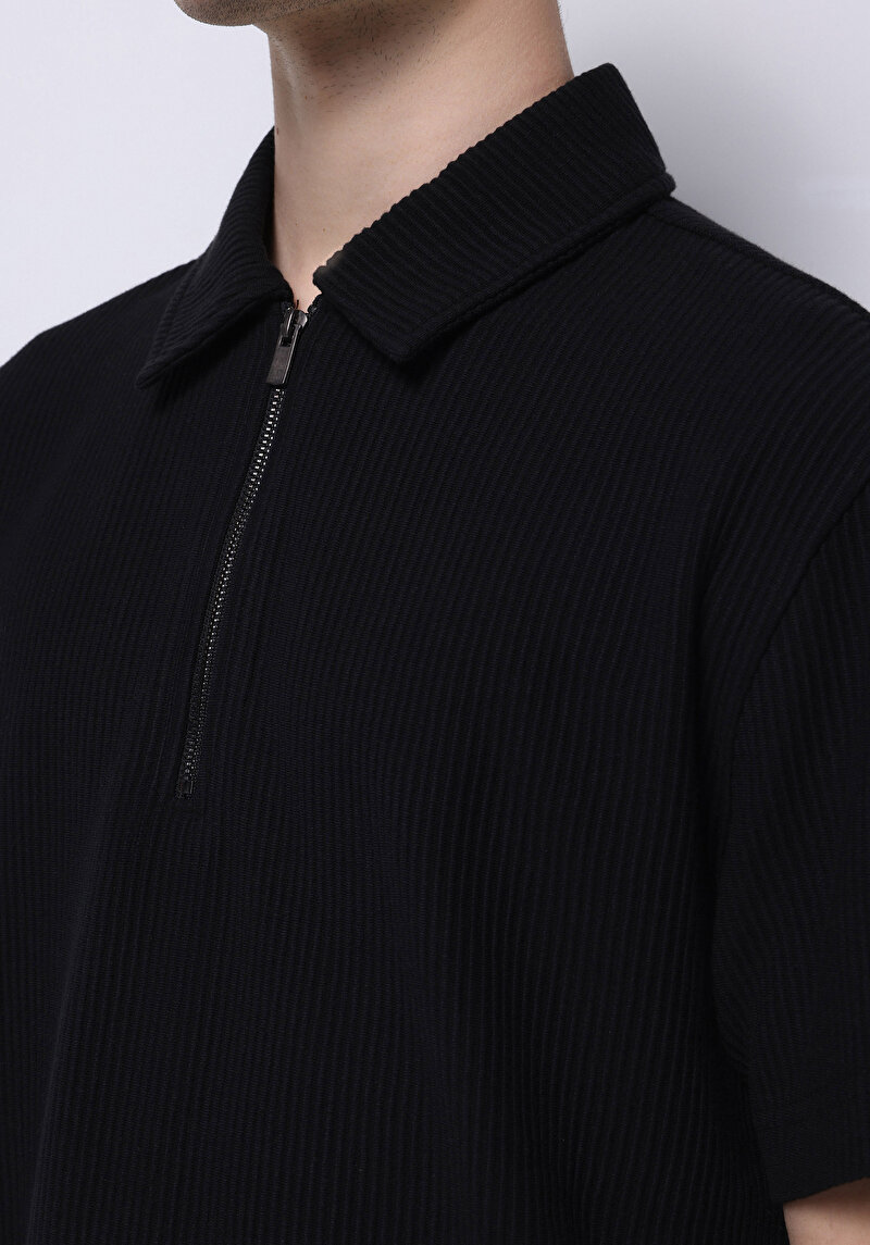 Comfort Fit Polo Yaka Düz Erkek Siyah Fermuarlı Kısa Kol Tişört