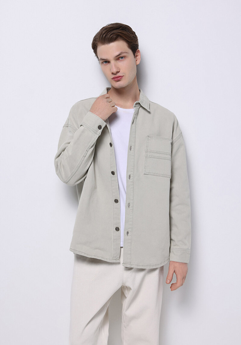 Oversize Fit Klasik Yaka Düz Erkek Ecru Denim Cepli Uzun Kol Gömlek