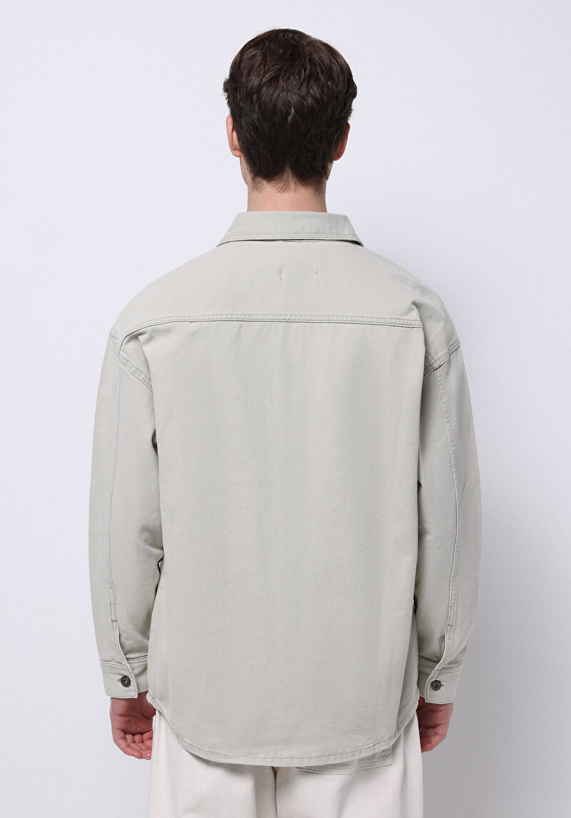 Oversize Fit Klasik Yaka Düz Erkek Ecru Denim Cepli Uzun Kol Gömlek