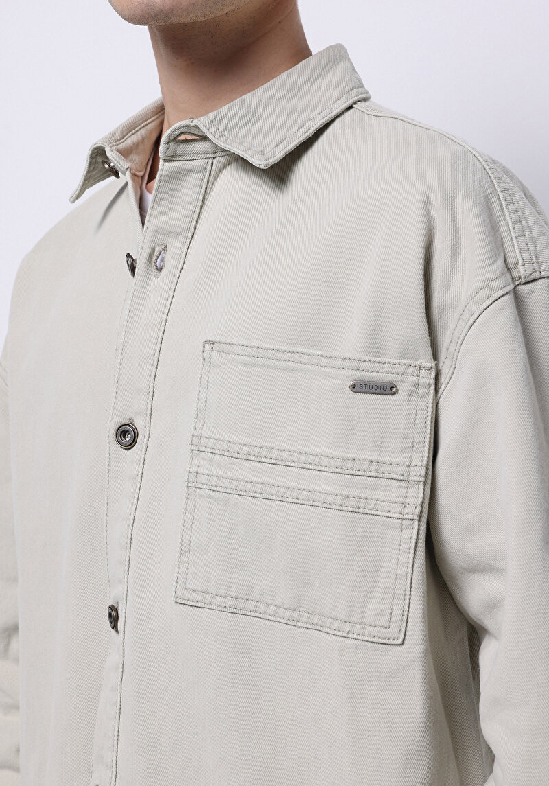 Oversize Fit Klasik Yaka Düz Erkek Ecru Denim Cepli Uzun Kol Gömlek