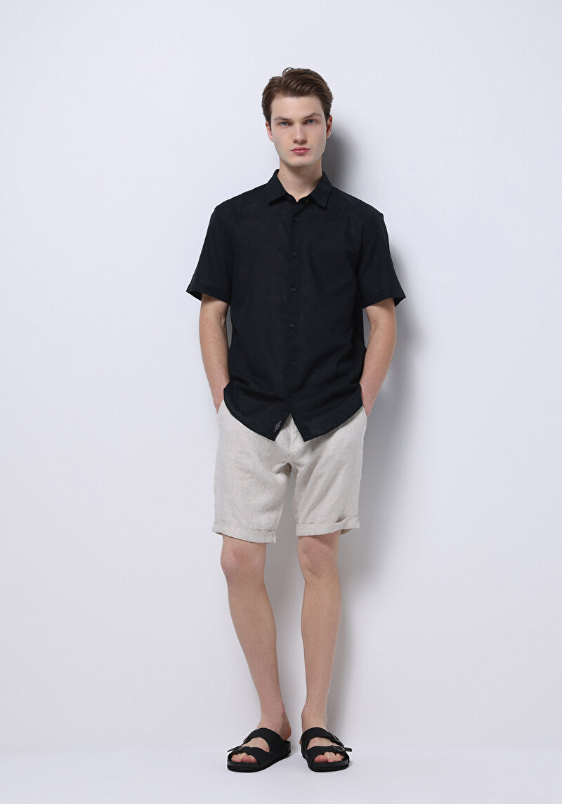 Regular Fit Shirt Neck Cepsiz Düz Erkek Siyah Kısa Kol Gömlek