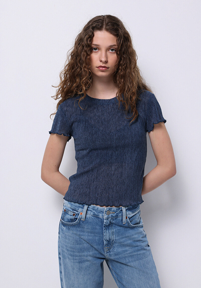 Regular Fit Kadın Cepsiz Mavi Kısa Kol Tişört