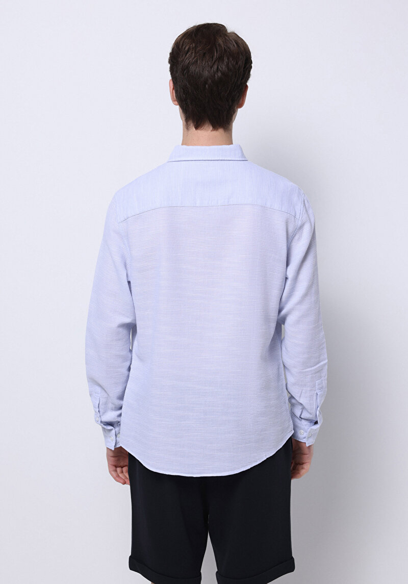 Slim Fit Shirt Neck Pamuklu Düz Erkek Mavi Uzun Kol Gömlek