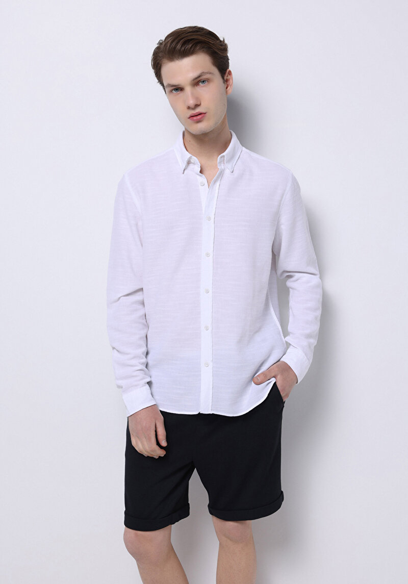 Slim Fit Shirt Neck Pamuklu Düz Erkek Beyaz Uzun Kol Gömlek