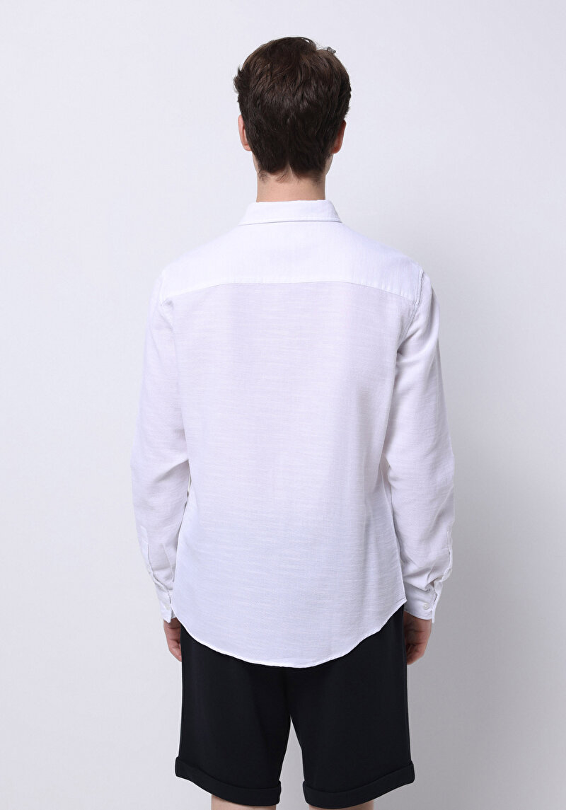 Slim Fit Shirt Neck Pamuklu Düz Erkek Beyaz Uzun Kol Gömlek