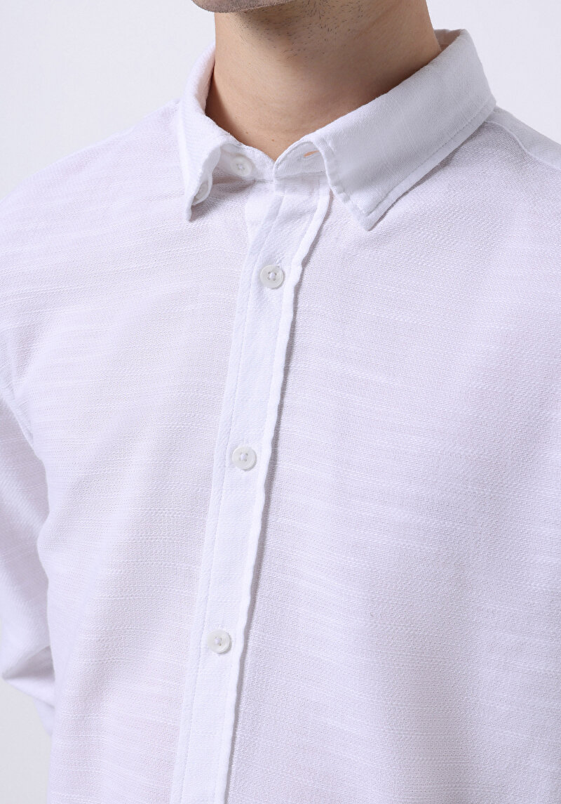 Slim Fit Shirt Neck Pamuklu Düz Erkek Beyaz Uzun Kol Gömlek