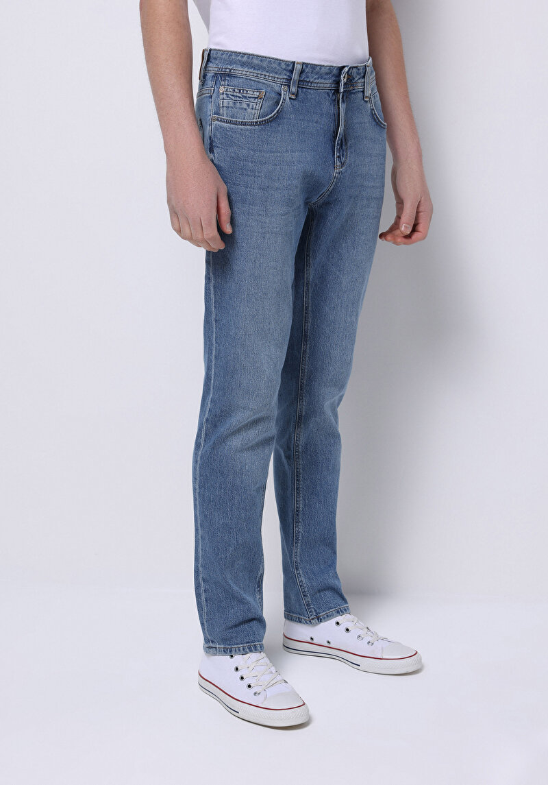 Straight Fit Erkek Mid İndigo Denim Jean Fermuarlı Pantolon