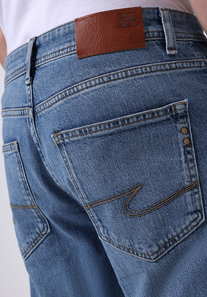 Straight Fit Erkek Mid İndigo Denim Jean Fermuarlı Pantolon