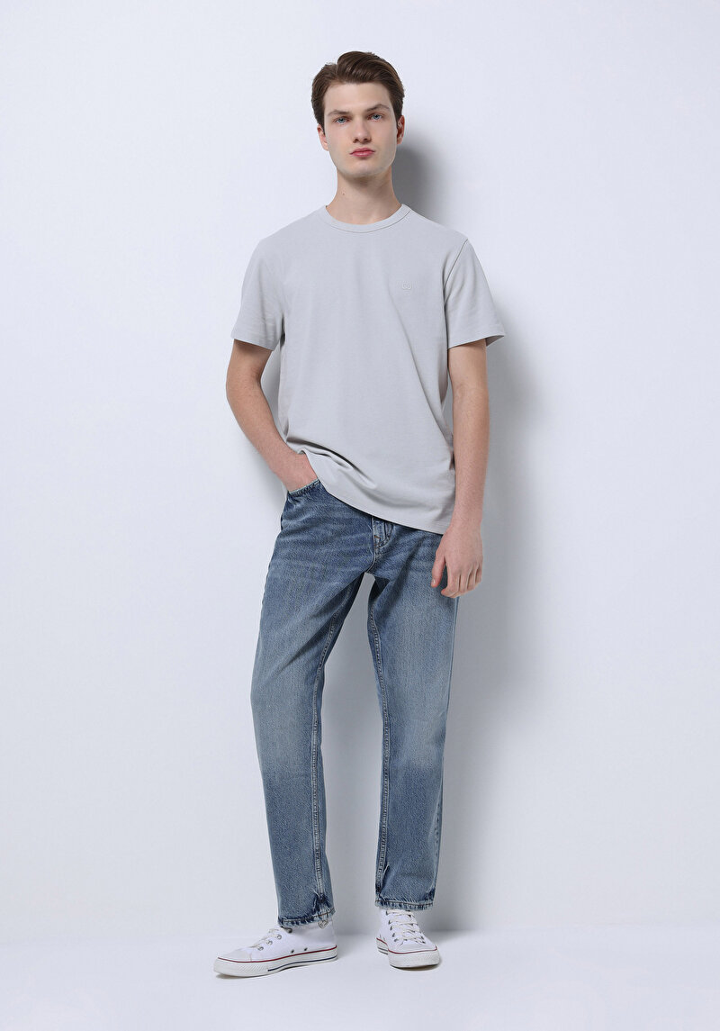 Loose Tapered Fit Erkek Mid İndigo Denim Jean Fermuarlı Pantolon