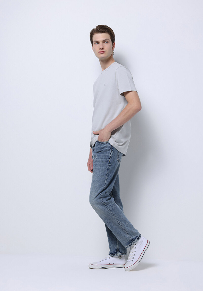 Loose Tapered Fit Erkek Mid İndigo Denim Jean Fermuarlı Pantolon