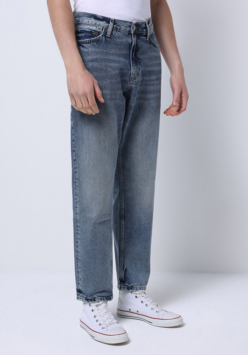 Loose Tapered Fit Erkek Mid İndigo Denim Jean Fermuarlı Pantolon