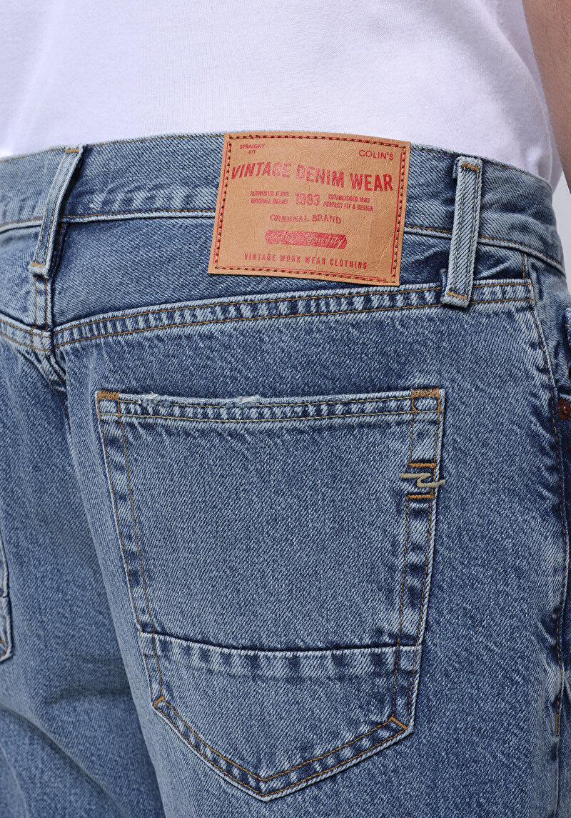 Loose Tapered Fit Erkek Mid İndigo Denim Jean Fermuarlı Pantolon