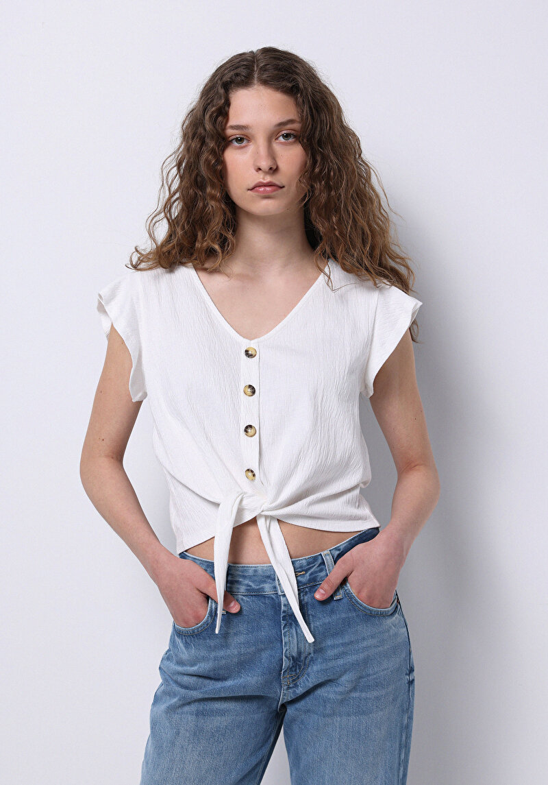 Regular Fit V Yaka Düz Kadın Beyaz Kısa Kol Tişört