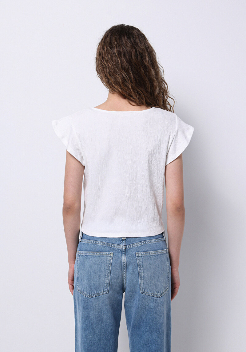 Regular Fit V Yaka Düz Kadın Beyaz Kısa Kol Tişört