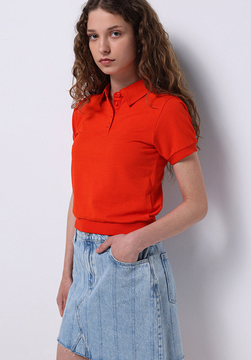 Slim Fit Polo Yaka Düz Kadın Kirmizi Kısa Kol Tişört