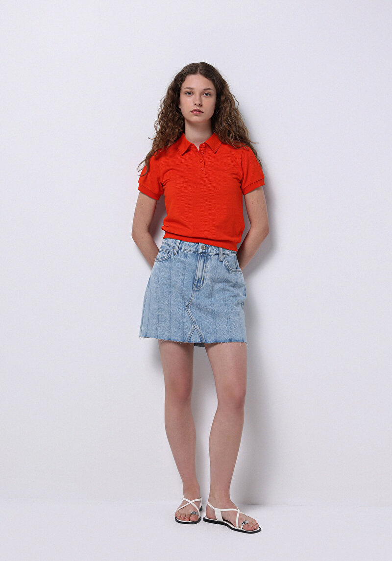 Slim Fit Polo Yaka Düz Kadın Kirmizi Kısa Kol Tişört